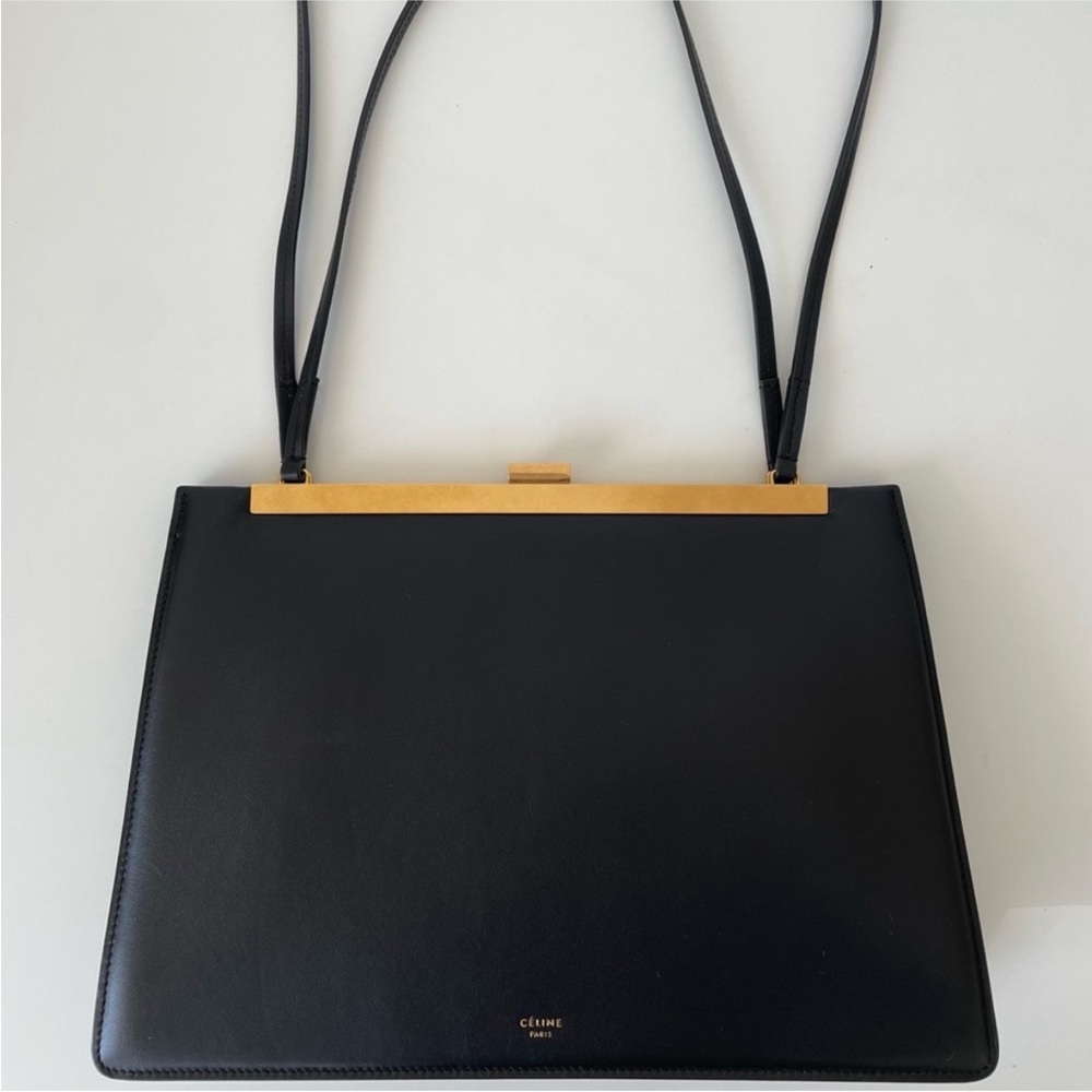 Celine Clasp Black Leather Handbag with Gold Hardware  - Phoebe Philo